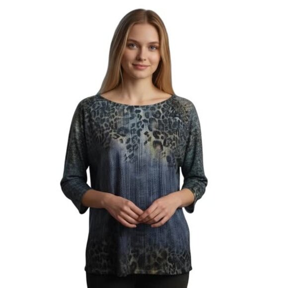 Chico’s Albany Crochet Studded Blue with Green Brown Cheetah Tunic. Size L. EUC - Picture 1 of 11